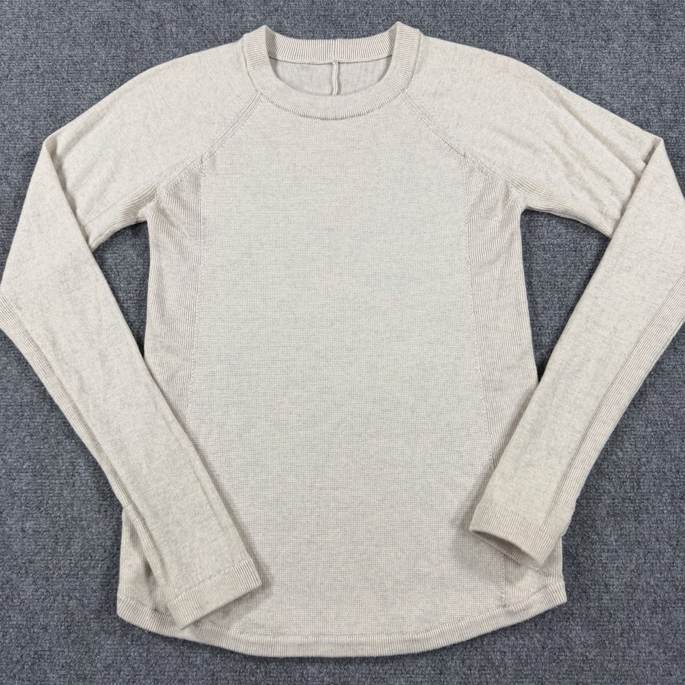 Lululemon Merino Wool Sweater Womens 4 Beige Pullover Crewneck Thumbholes